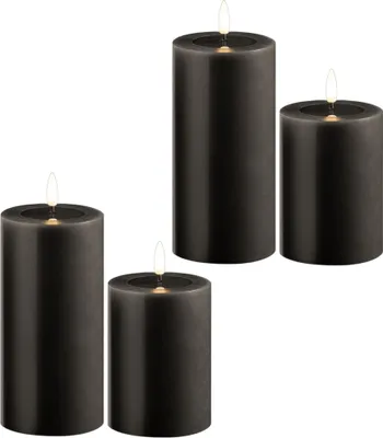 Produktbild von 4er Set Led Kerzen flackernde Flamme mit Echtwachspiegel grau 7,5cm ø 2x 15 cm, 2x10 cm Höhe, LED Kerzen mit Timerfunktion, 2 AA Batterien nötig, LED Echtwachs Stumpenkerzen grau
