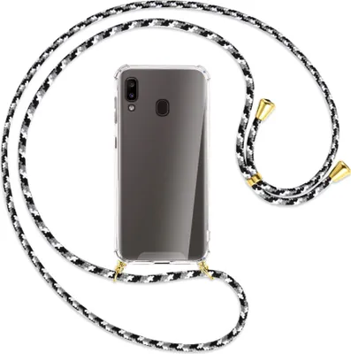 Produktbild von Handykette Backcover-Schutzhülle mit Band (Metall goldfarben) für Samsung Galaxy A20e - schwarz/grau/weiß