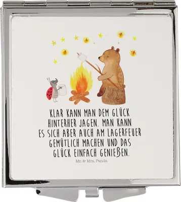 Produktbild von Mr. & Mrs. Panda Schminkspiegel Bär & Marienkäfer Lagerfeuer - Weiß - Geschenk, Kosmetikspiegel, Klappspiegel, Teddy, Taschenspiegel, Handspiegel, Quadratischer Spiegel