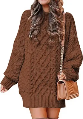 Produktbild von ASKSA Damen Pulloverkleid Rundhalsausschnitt Langarm Zopfmuster Rollkragen Chunky Pullover Kurze Pulloverkleider, Kaffee, XL