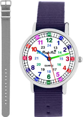 Produktbild von Kinder Armbanduhr Mädchen Jungen Einschulung Lernuhr Kinderuhr 2 Armband violett + grau