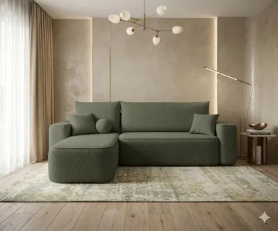 Image de Canapé d’angle TEXAS gauche vert foncé bouclé Quelle 37 - fonction couchage, coffre de rangement pour la literie