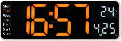 A digital clock displaying the time, day of the week, and temperature.