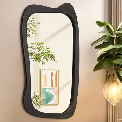 Imagen del producto de Espejo de pared de diseño irregular, grande, 90 x 60 cm, color , asimétrico. Espejo de pared con marco de madera moderno, ideal para baños, dormitorios, salones o recibidores