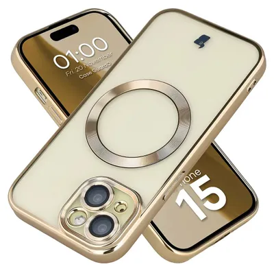Produktbild von Handyhülle mit Kameraschutz und Magnetring für iPhone 15, Bizon Case GuardO, Transparent-Golden