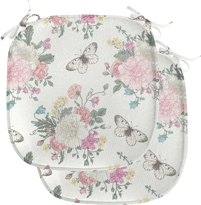 Produktbild von ABAKUHAUS Shabby Flora Polster für Esszimmerstühle, Roses Bouquet, Dekoratives wasserfestes Kissen mit Riemen für Küchensitze, 40 cm x 40 cm-2er Pack, Pale Pink Grün