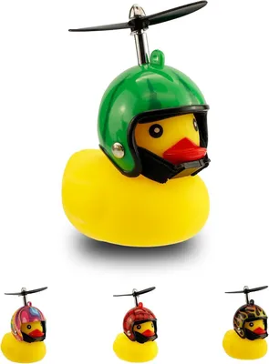 Productafbeelding van Fietstoeter knijpeend met helm en propeller - Rubberen fietsdecoratie