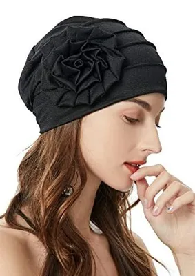 Zdjęcie produktu dla Czapka turban damska czarna w kwiaty elastyczna chemioterapia