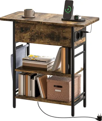 Produktbild von Beistelltisch Nachttisch mit Steckdosenleiste, 2 Ebenen, USB-Anschlüssen Stauraum 60 x 29,8 x 58,5 cm Rustikal Braun