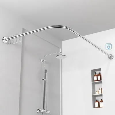 Produktbild von Famanu Duschvorhangstange verstellbar L-Form - inklusive 18 Ringe, ohne Bohren