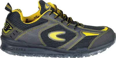 A side view of a black and yellow work shoe.