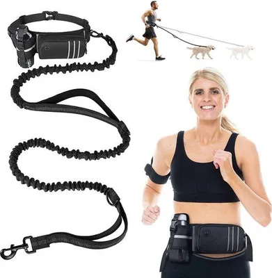 Produktbild von Unyqoos® Handsfree Joggingleine für Hunde – verstellbarer Hüftgurt 60–120 cm, schockabsorbierende Doppelleine 140–200 cm, reflektierend, abnehmbare Hüfttasche