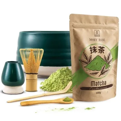 Produktbild von Mary Rose - Matcha Tee Set 100g - Pulver Grüner Tee - Keramik Dunkeltürkis Matchawan Mori Schale 500ml - Kusenaoshi Halter - Bambus Chasen Besen