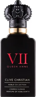A product shot of a black perfume bottle with a gold cap and red lettering.