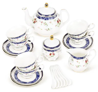 Image de Service à thé en porcelaine, décoré de roses bleues, 21 pièces, pour 6 personnes, en porcelaine fine vintage
