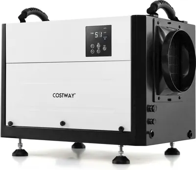 A white and black dehumidifier with a digital display and control panel sits on a white background.