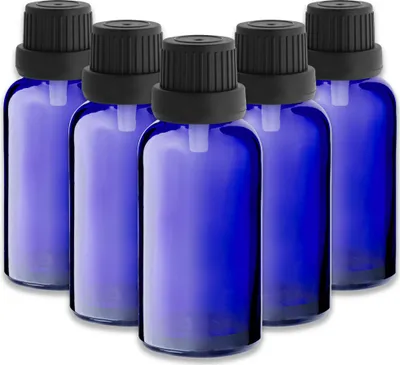 Produktbild von 5x Blaue Glasflasche 30 ml mit schwarzem Tropfer – Kosmetikflasche
