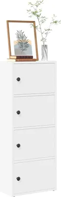 A tall, narrow white cabinet with four doors, topped with a framed picture and a vase with greenery.
