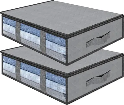 Produktbild von PolkaHome® Aufbewahrungsboxen unter dem Bett, 2er-Set, faltbar, Kleiderbox mit Sichtfenster, Reißverschluss, Vliesstoff, Grau