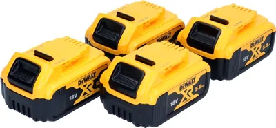 Four DeWalt XR Li-Ion battery packs are shown in a studio setting against a white background.