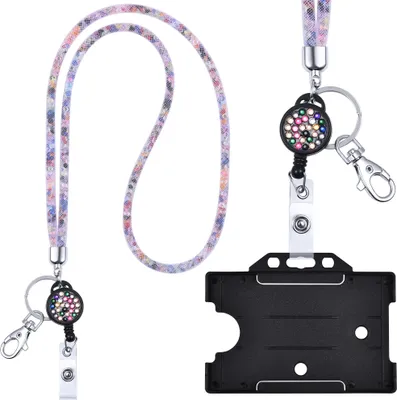 Produktbild von Ausweishülle Kartenhalter mit Jojo Schlüsselanhänger ausziehbar Kristall Lanyard Weiß / Bunt komplett mit Ausweis Halter Schlüsselband Umhängeband