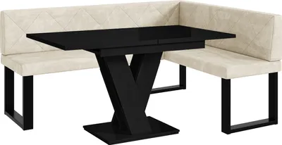 Produktbild von MEBLINI Eckbank für Esszimmer mit ausziehbarem Tisch  - Küchenbank - Essecke - Sitzecke Küche - ERIC - U-Beine 128x168x87cm Rechts - Creme Samt/M Schwarz Hochgl.