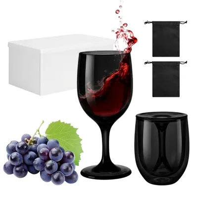 Produktbild von VINATO 2 Stück Weingläser Kunststoff to Go, 200ml Faltbares Weingläser Camping Plastik Set, mit Aufbewahrungsbox, Moderne Mehrweg Rotweingläser To Go, für Reisen Camping Outdoor Picknick（Schwarz）