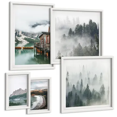 Produktbild von Bilder Set 5-teilig im weißen Rahmen – Wandbilder 5 Stück – gerahmte Poster für Wohnzimmer, Schlafzimmer und Flur – 50x50 cm - 40x60 cm – Holzhausboot an Bergstränden