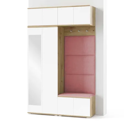 Produktbild von Garderoben-Set Aura Version 3:Kleiderschrank mit Polsterpaneelen, Schuhschrank, Hängeschrank Eingangsbereich (weiß/Artisan-Eiche /Trinity 23)