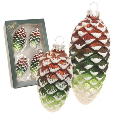 Produktbild von Krebs Glas Lauscha Tannenzapfen 4er Set - Rotbraun/Olivgrün Satin mit Weiß-Glitter - in 2 verschiedenen Größen