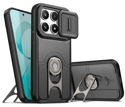 Produktbild von Handyhülle für Xiaomi Poco F8 Pro / Redmi K90 mit Dia Kameraschutz und Ringhalter Ständer, Stoßfeste Hybrid Schutzhülle Schwarz