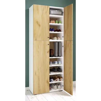 Produktbild von VCM Holz-Schuhschrank | Maße: B. 70 x H. 184 x T. 40 cm | Allzweckschrank | 9 Fächer | 4 Drehtüren - Lona