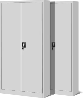 Two gray metal cabinets are shown side-by-side against a white background.
