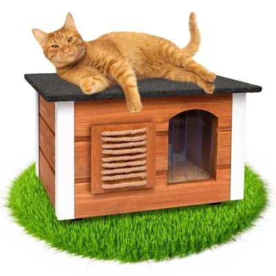 Produktbild von Isoliertes Katzenhaus für Draußen aus Holz – Wetterfest Katzenhütte mit Wärmedämmung, Wasserdichtem Dach & Thermovorhang – Einfache Montage - Teak