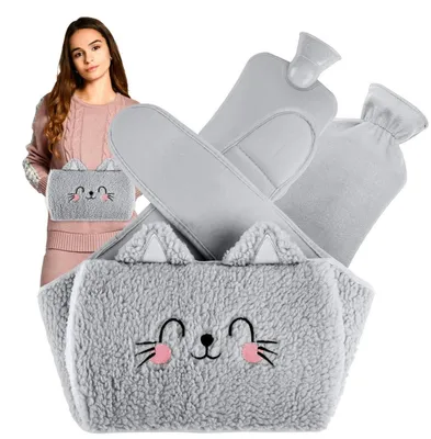 Produktbild von Wärmflaschengürtel 130cm 3in1 mit Plüschbezug und Handwärmtaschen, 1L, Grau Katze
