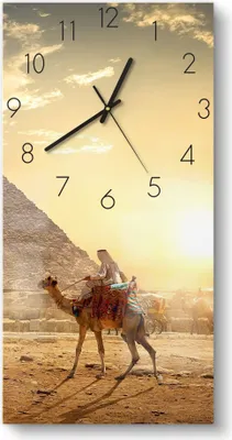 Produktbild von DEQORI Glasuhr 30x60 cm Zahlen 'Kamelritt in der Wüste' Wanduhr Glas Uhr Design leise