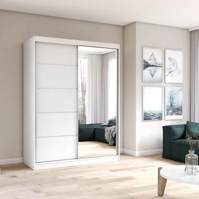 Produktbild von Kleiderschrank Schrank Schwebetürenschrank 150 cm Weiß/Weiß mit Spiegel Vista 05