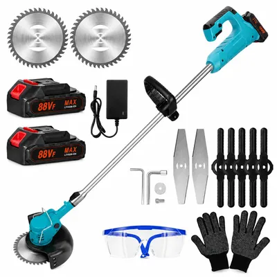 Produktbild von Akku-Rasentrimmer, Elektrischer Grasschneider, mit 2 Batterie und Ladegerät, 180° Trimmwinkel, Teleskop-Stiel & Zusatzhandgriff, Blau