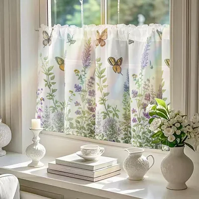 Image de Rideaux de vitrage - Semi-transparents - Motifs floraux - Papillons - Rideaux de style bistrot - Blanc - Style champêtre - Rideaux courts pour cuisine - Salon