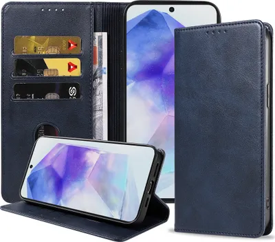 Immagine prodotto di Smartphonica Custodia per telefono adatta a Samsung Galaxy A55 in ecopelle con chiusura magnetica e portacarte a libro con patta - Blu