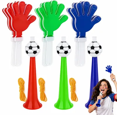 Fan-Set: 3 Vuvuzelas + 6 Schläger, Kunststoff, 9-teilig