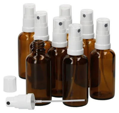 Produktbild von 8er Set Apothekerglasflasche 50ml Sprühkopf-Aufsatz lichtgeschützte Aufbewahrung Sprühflaschen