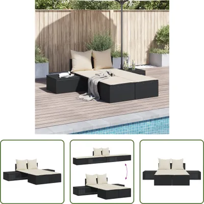 Image de The Living Store Bain de soleil double avec coussin Noir Poly Rattan