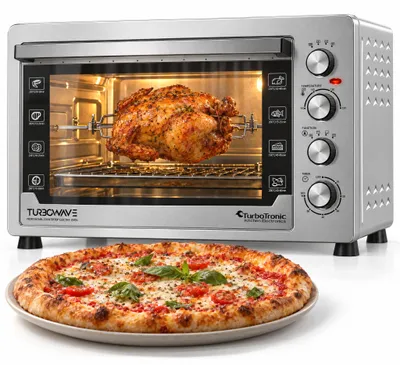 Productafbeelding van TurboTronic XXL tafeloven – EVS60 – 60 liter, hetelucht, draaispit, roestvrij staal, 2 bakplaten, 2500 W, XL elektrische oven met timer en binnenverlichting, zilver