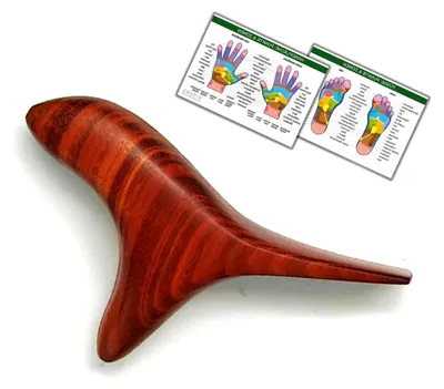 Produktbild von Massageholz Dreispitz Vogel Birdy als Massagehilfe mit 2 DIN A4 Plakaten zur Selbstmassage von Zonen und Triggerpunkten aus echtem Holz