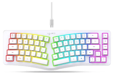 Zdjęcie produktu dla 69-klawiszowa przewodowa klawiatura ergonomiczna z 18 trybami podświetlenia RGB USB-C Odłączany kabel do komputera Biały