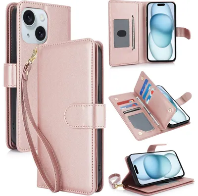 Produktbild von Mobigear Wallet Schutzhülle für iPhone 15, Klapphülle mit Geldbörsenfunktion - Roségold