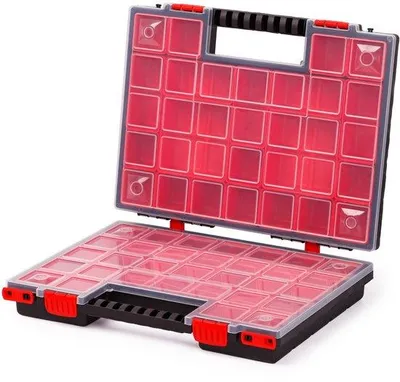 Productafbeelding van Unyqoos® sorteerkasten met dubbele compartimenten voor het opbergen van kleine onderdelen – 399 x 303 x 100 mm, 42 uitneembare compartimenten, transparant deksel, polypropyleen