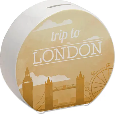 Produktbild von Spardose mit schönem Motiv und Text - Trip to London in gelb