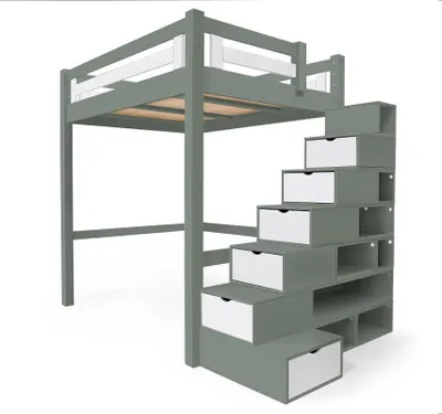 Produktbild von Hochbett in holz 160x200 Alpage mit treppenregal - Grau/Weiß